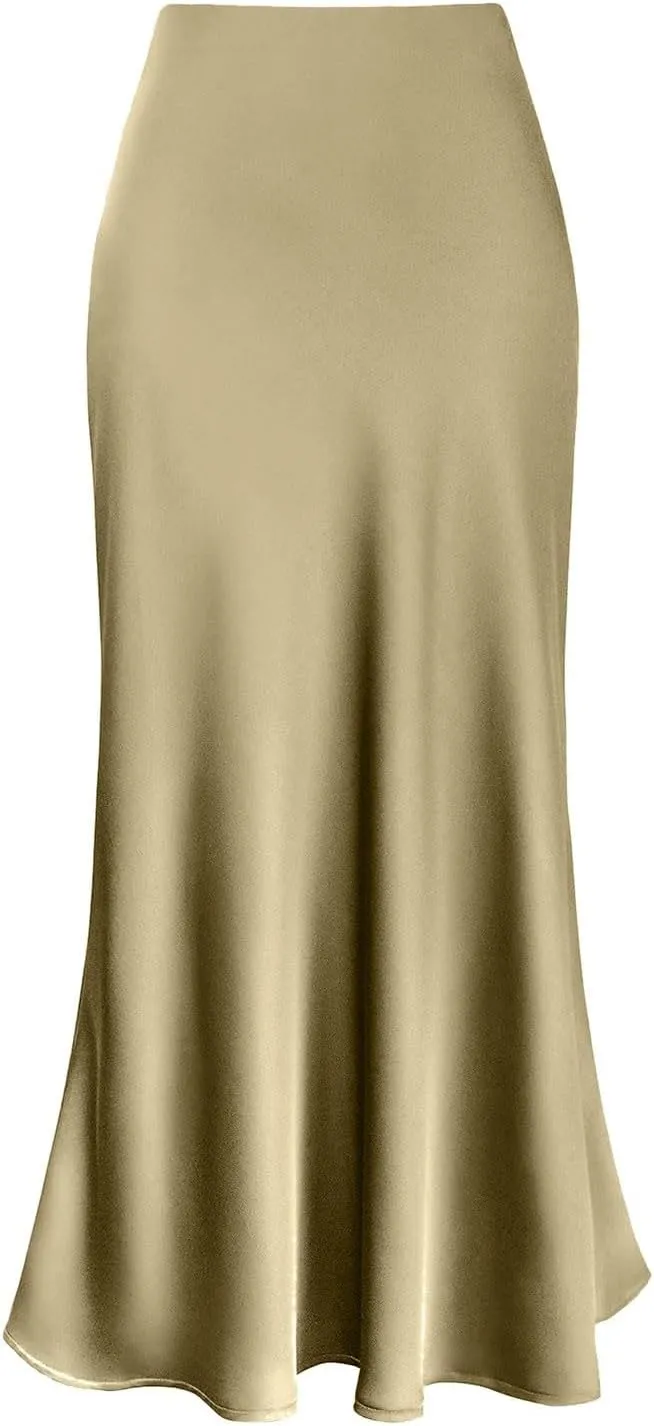 Women's Elegant Satin Skirts High Waisted Flared Casual Work Fishtail Midi Skirt