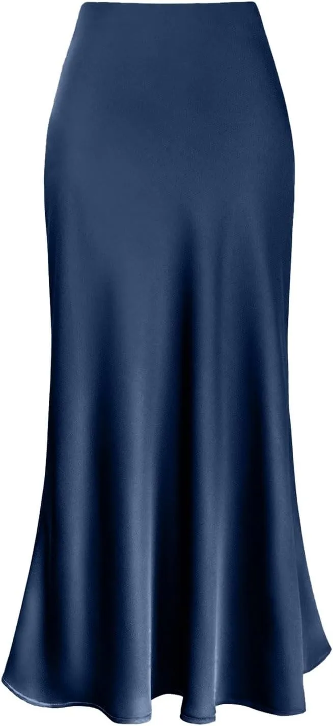 Women's Elegant Satin Skirts High Waisted Flared Casual Work Fishtail Midi Skirt