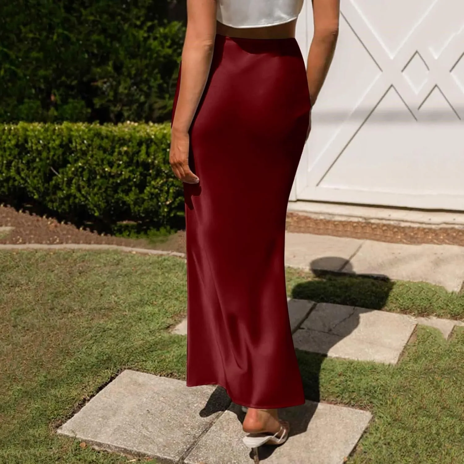 Women's Elegant Satin Skirts High Waisted Flared Casual Work Fishtail Midi Skirt