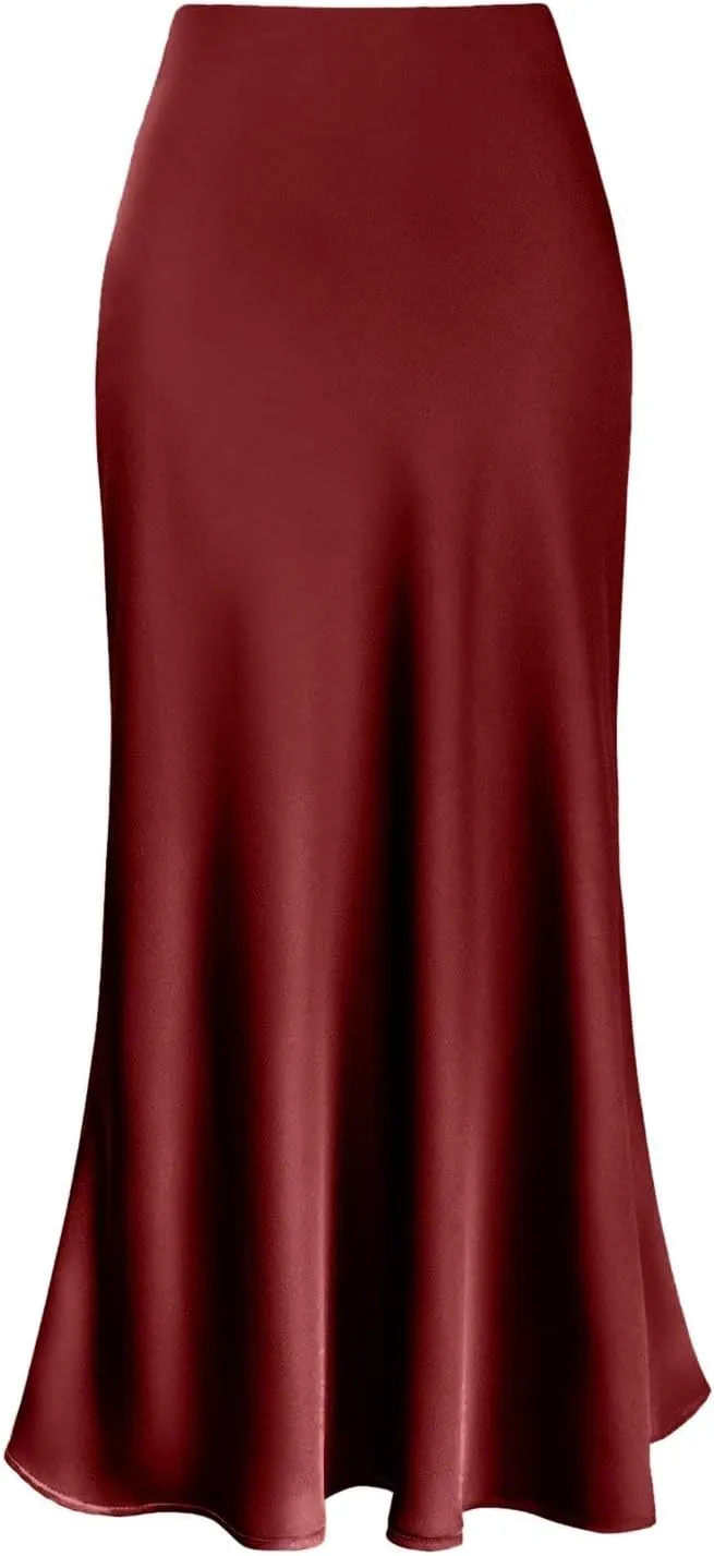 Women's Elegant Satin Skirts High Waisted Flared Casual Work Fishtail Midi Skirt