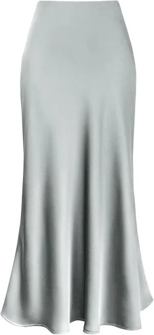 Women's Elegant Satin Skirts High Waisted Flared Casual Work Fishtail Midi Skirt