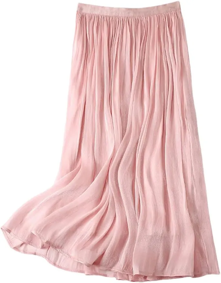 Women's Elegant Tulle Pleated Skirts Midi Length Elastic Waist Spring and Summer Beach Holiday Casual Skirt