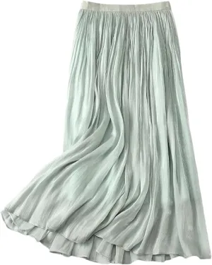 Women's Elegant Tulle Pleated Skirts Midi Length Elastic Waist Spring and Summer Beach Holiday Casual Skirt