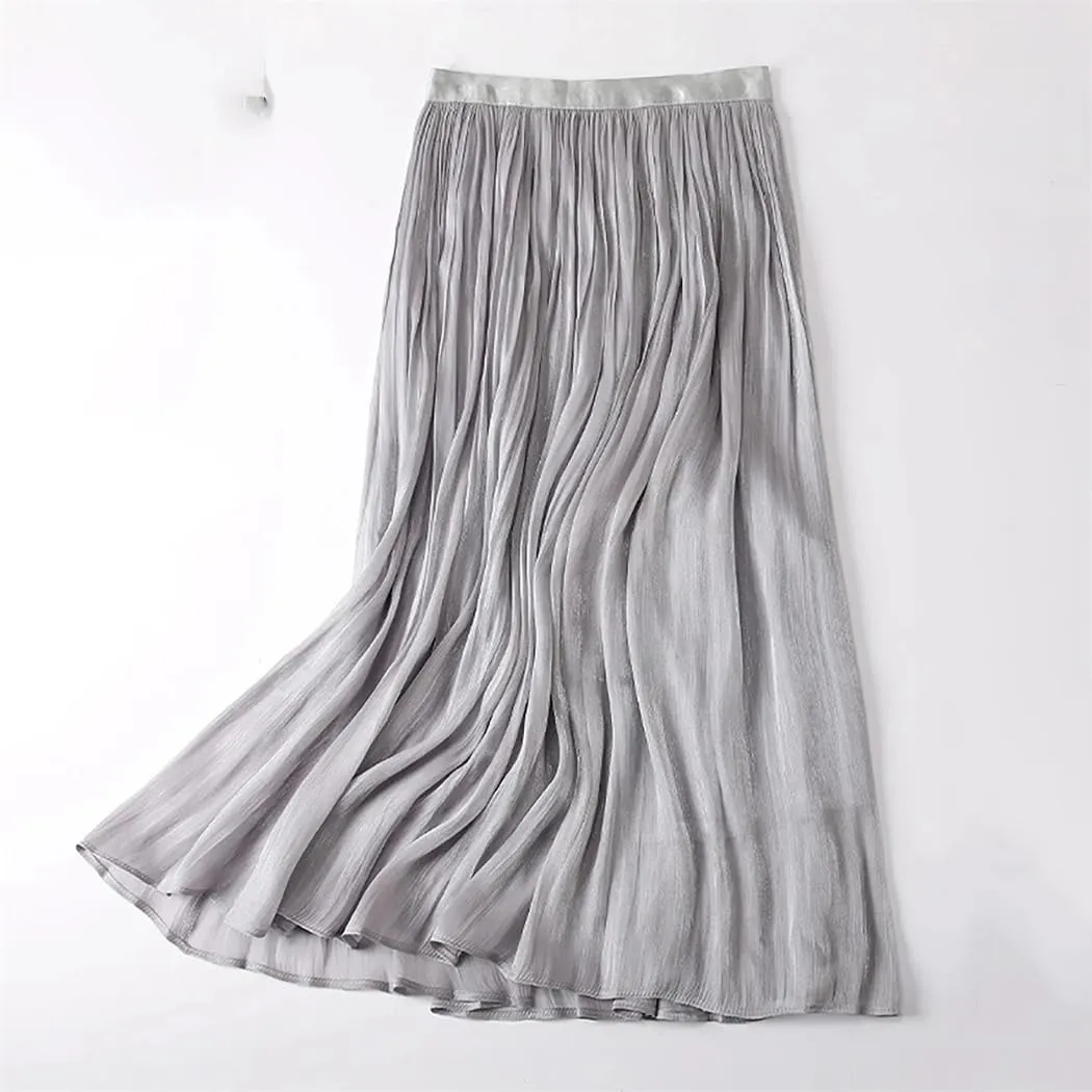 Women's Elegant Tulle Pleated Skirts Midi Length Elastic Waist Spring and Summer Beach Holiday Casual Skirt