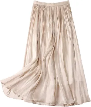 Women's Elegant Tulle Pleated Skirts Midi Length Elastic Waist Spring and Summer Beach Holiday Casual Skirt