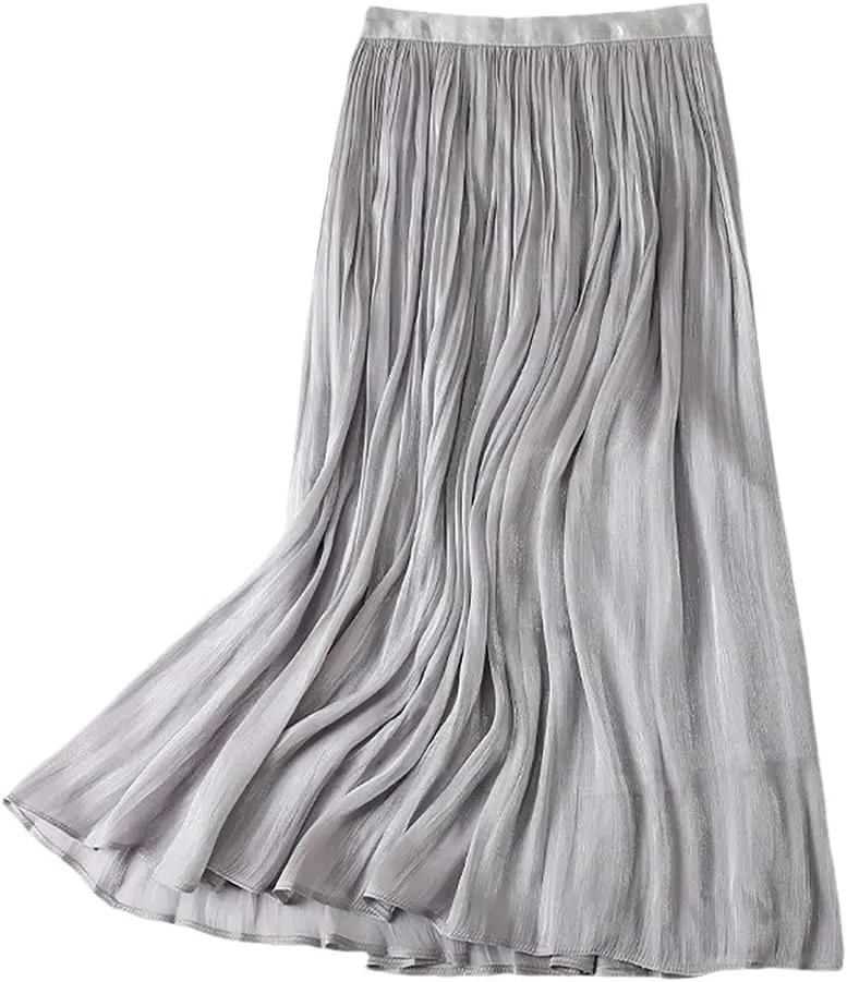 Women's Elegant Tulle Pleated Skirts Midi Length Elastic Waist Spring and Summer Beach Holiday Casual Skirt
