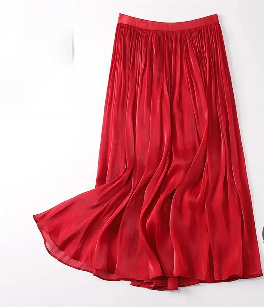 Women's Elegant Tulle Pleated Skirts Midi Length Elastic Waist Spring and Summer Beach Holiday Casual Skirt