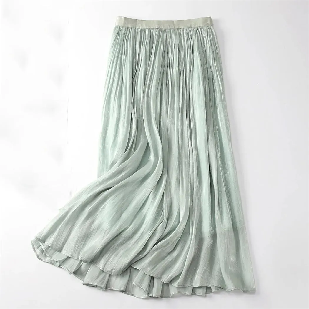 Women's Elegant Tulle Pleated Skirts Midi Length Elastic Waist Spring and Summer Beach Holiday Casual Skirt