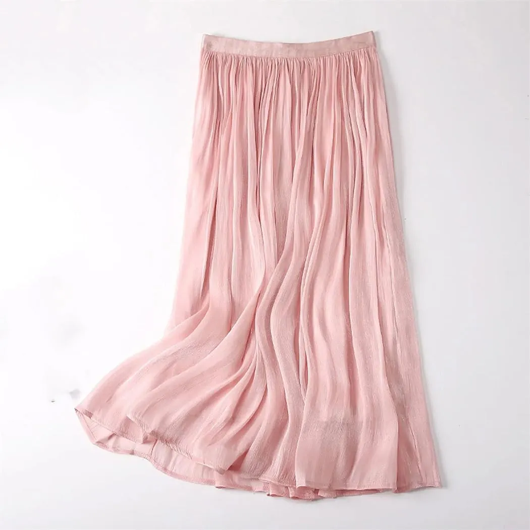 Women's Elegant Tulle Pleated Skirts Midi Length Elastic Waist Spring and Summer Beach Holiday Casual Skirt