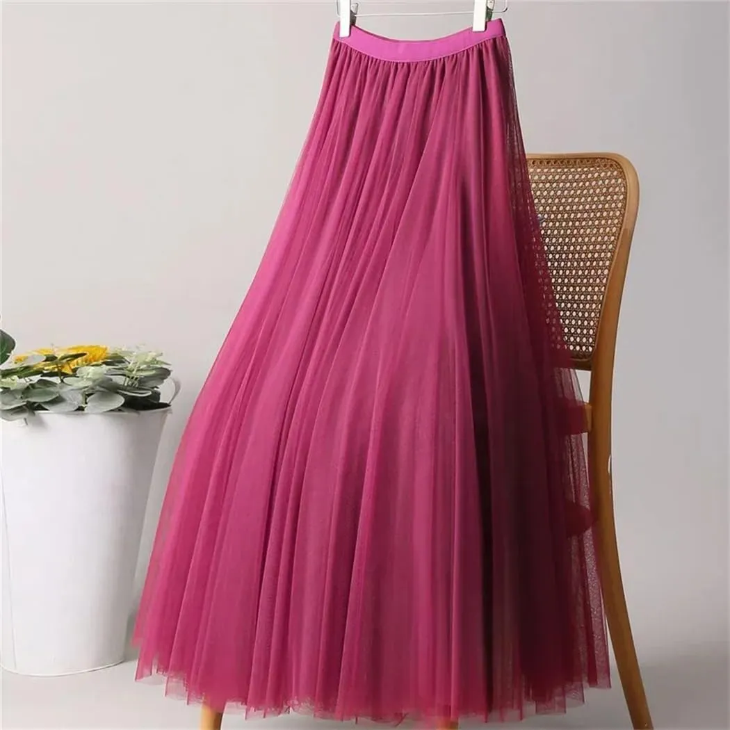 Women's Fashion Spring Summer High-Waisted Slim Pleated Skirt Solid Color Mesh Skirt Ladies Loose Long Skirts