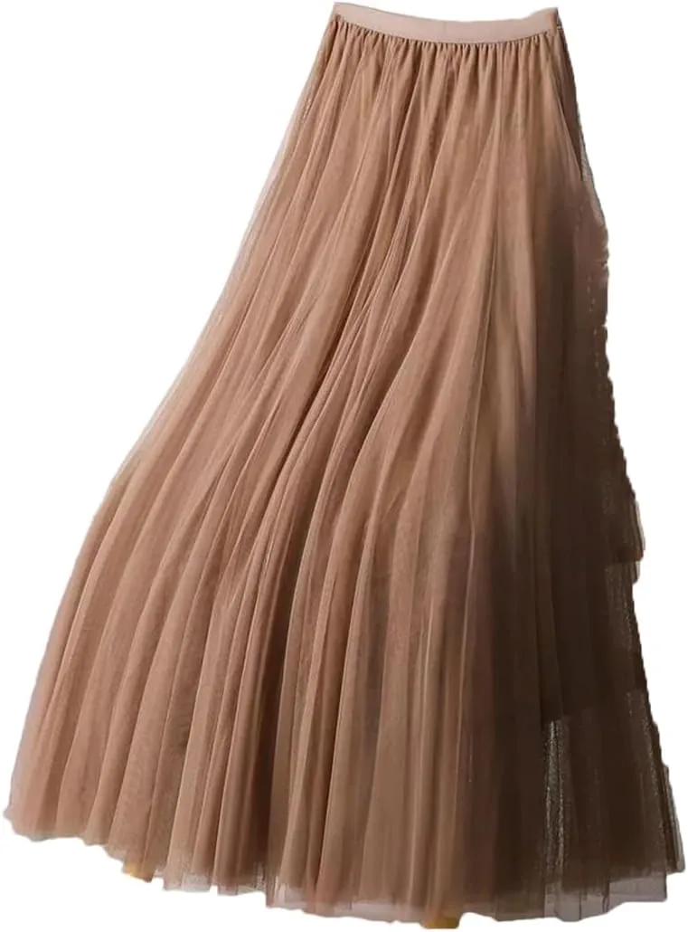 Women's Fashion Spring Summer High-Waisted Slim Pleated Skirt Solid Color Mesh Skirt Ladies Loose Long Skirts