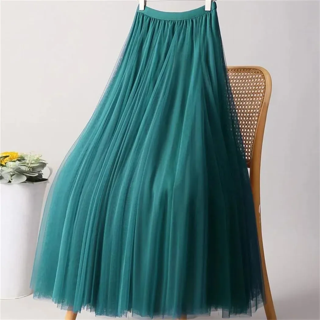 Women's Fashion Spring Summer High-Waisted Slim Pleated Skirt Solid Color Mesh Skirt Ladies Loose Long Skirts