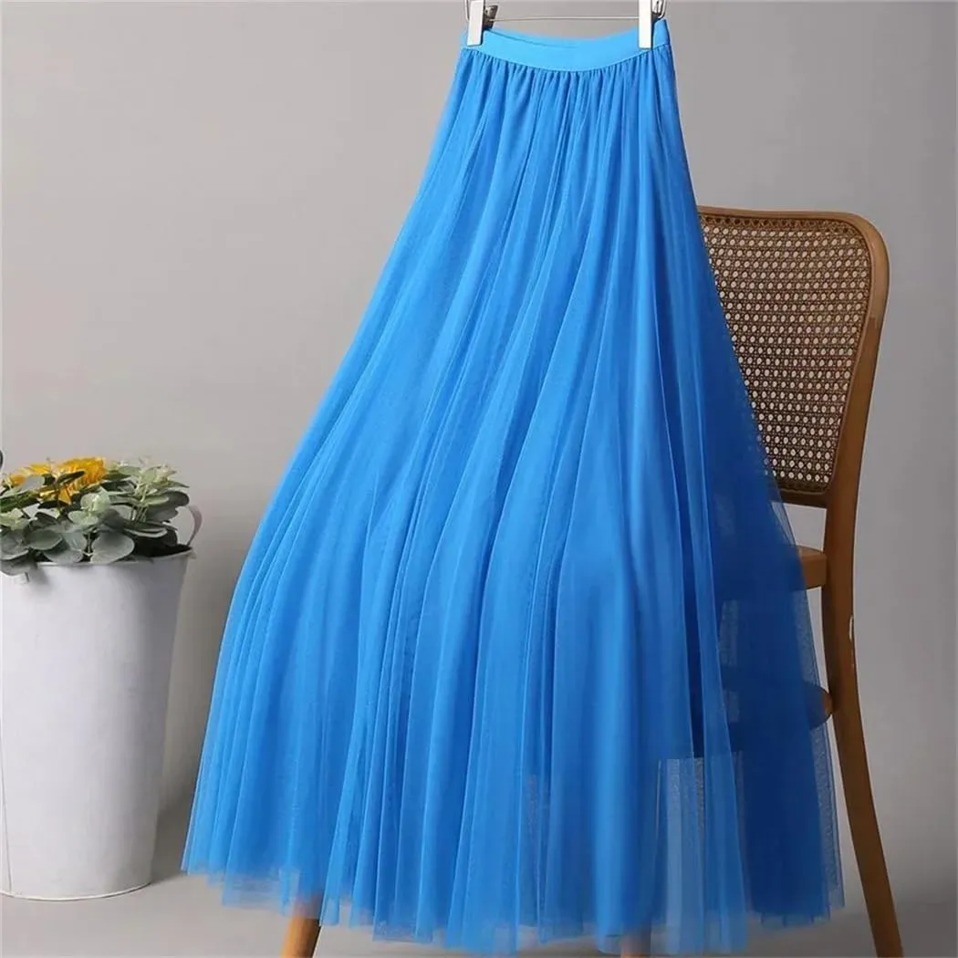 Women's Fashion Spring Summer High-Waisted Slim Pleated Skirt Solid Color Mesh Skirt Ladies Loose Long Skirts
