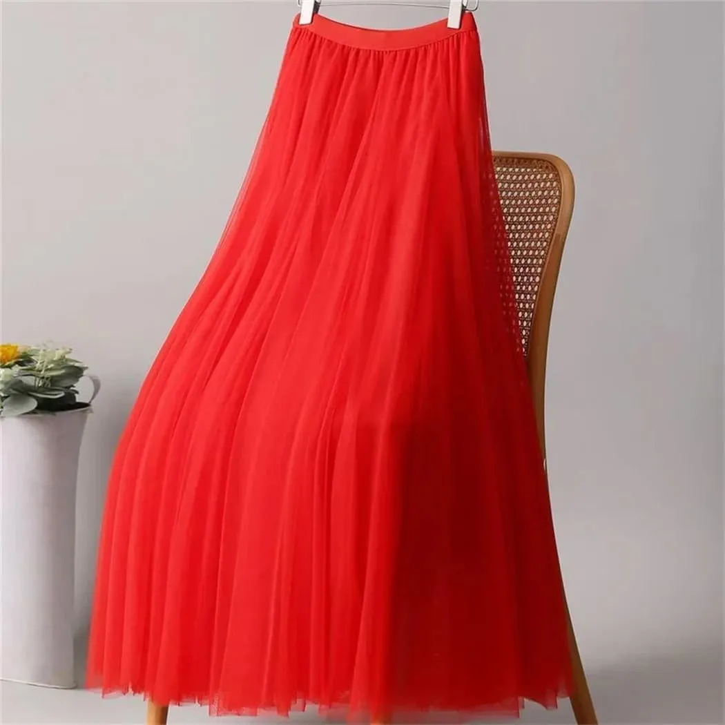 Women's Fashion Spring Summer High-Waisted Slim Pleated Skirt Solid Color Mesh Skirt Ladies Loose Long Skirts