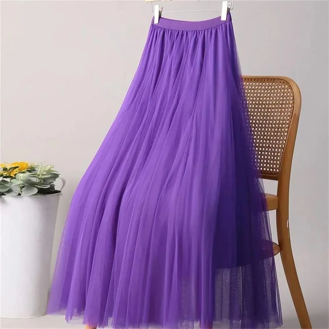 Women's Fashion Spring Summer High-Waisted Slim Pleated Skirt Solid Color Mesh Skirt Ladies Loose Long Skirts