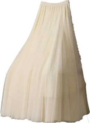 Women's Fashion Spring Summer High-Waisted Slim Pleated Skirt Solid Color Mesh Skirt Ladies Loose Long Skirts