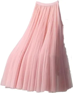 Women's Fashion Spring Summer High-Waisted Slim Pleated Skirt Solid Color Mesh Skirt Ladies Loose Long Skirts