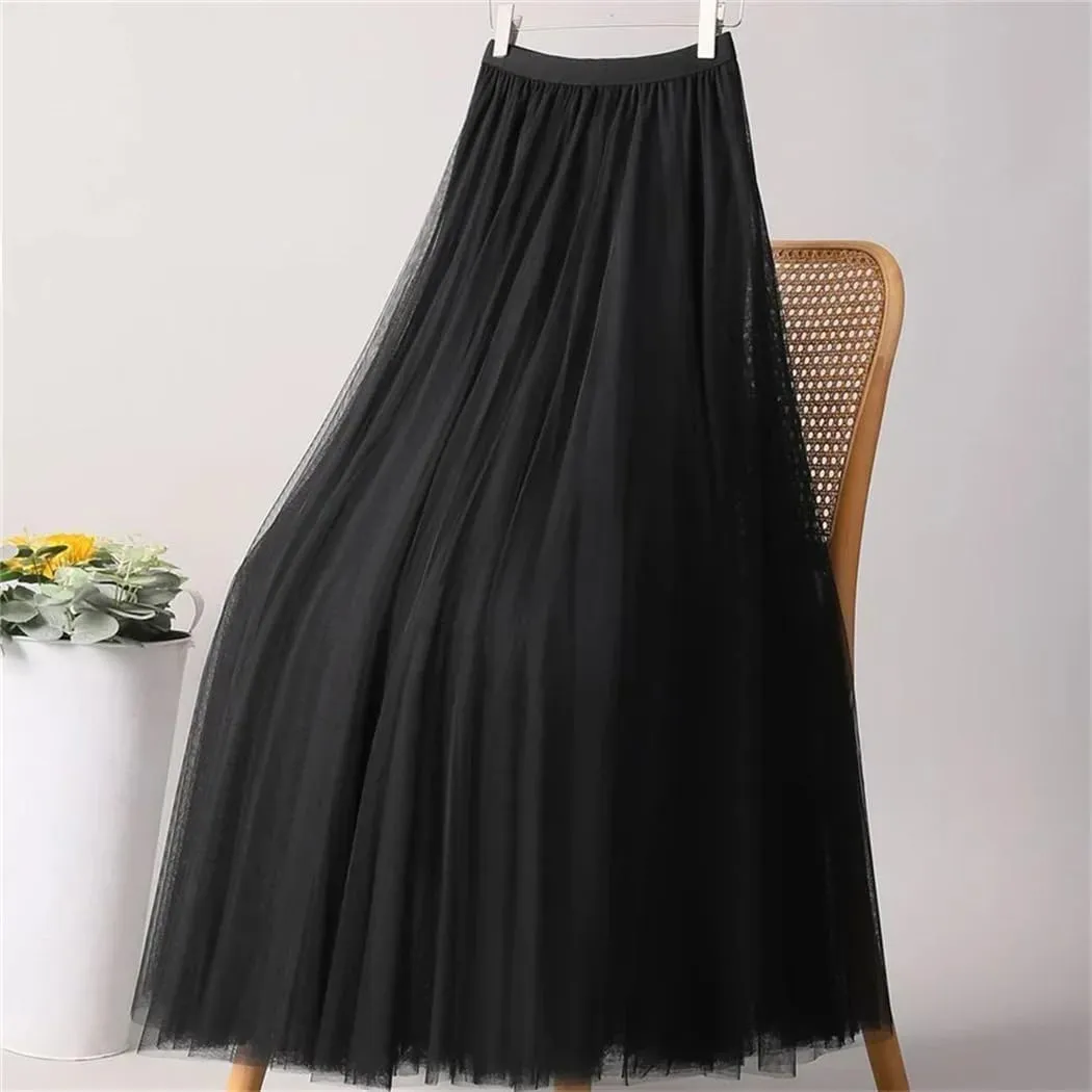 Women's Fashion Spring Summer High-Waisted Slim Pleated Skirt Solid Color Mesh Skirt Ladies Loose Long Skirts