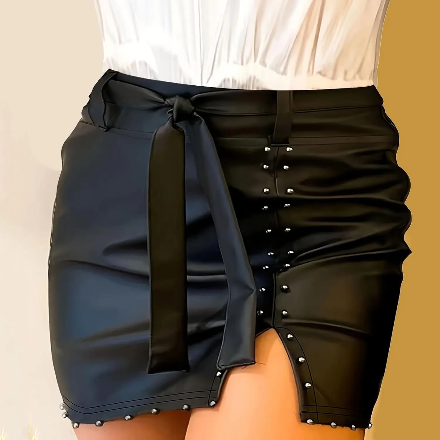 Women's Faux Leather Bodycon Skirt Trendy Slit Beaded Tied Slim Mini Skirt Casual PU Leather Short Pencil Skirt