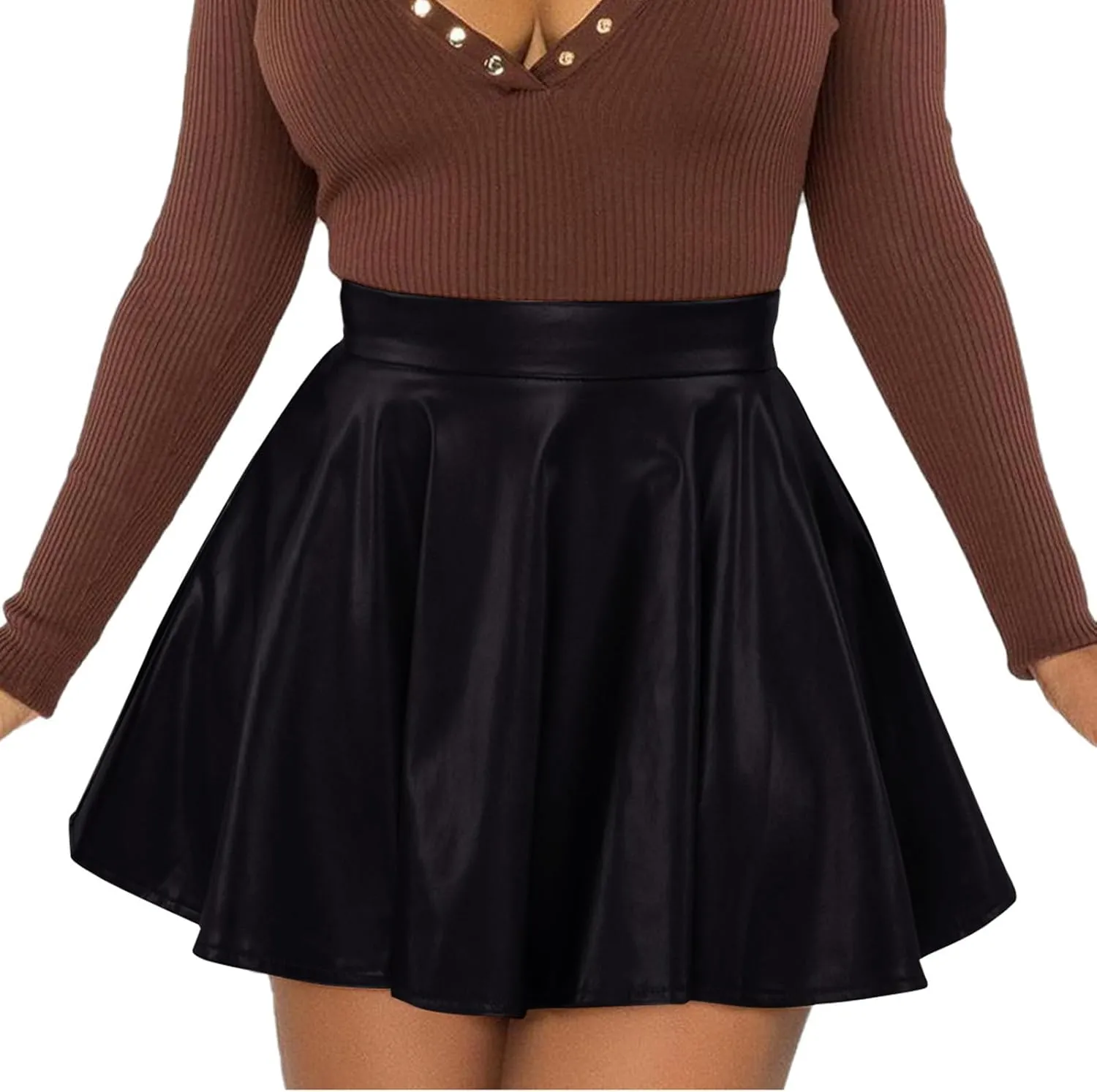 Women's Faux Leather Skirt Pleated Flowy High Waisted A Line Flare PU Leather Mini Skirt PVC Skirt Party Clubwear
