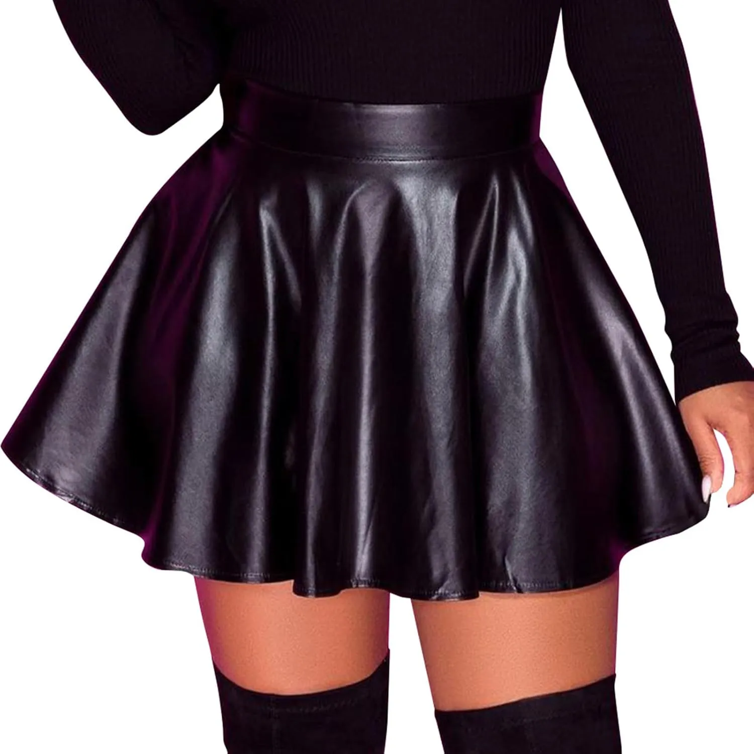 Women's Faux Leather Skirt Pleated Flowy High Waisted A Line Flare PU Leather Mini Skirt PVC Skirt Party Clubwear