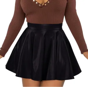 Women's Faux Leather Skirt Pleated Flowy High Waisted A Line Flare PU Leather Mini Skirt PVC Skirt Party Clubwear