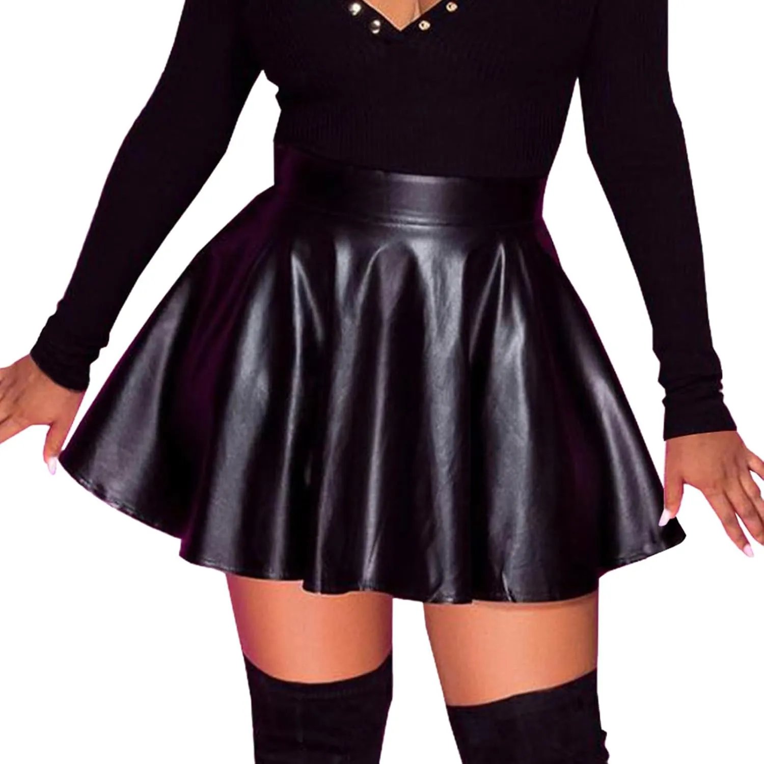 Women's Faux Leather Skirt Pleated Flowy High Waisted A Line Flare PU Leather Mini Skirt PVC Skirt Party Clubwear