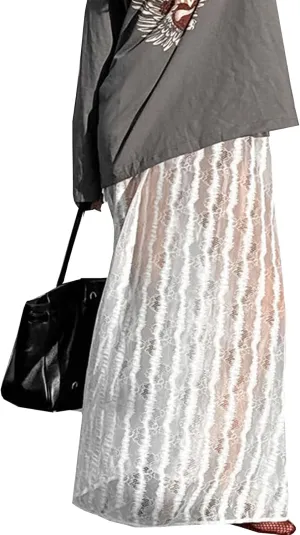 Women's Floral Lace Skirt See-Through Floral Maxi Mesh Tulle Skirt Sheer Flowy Lace Skirts