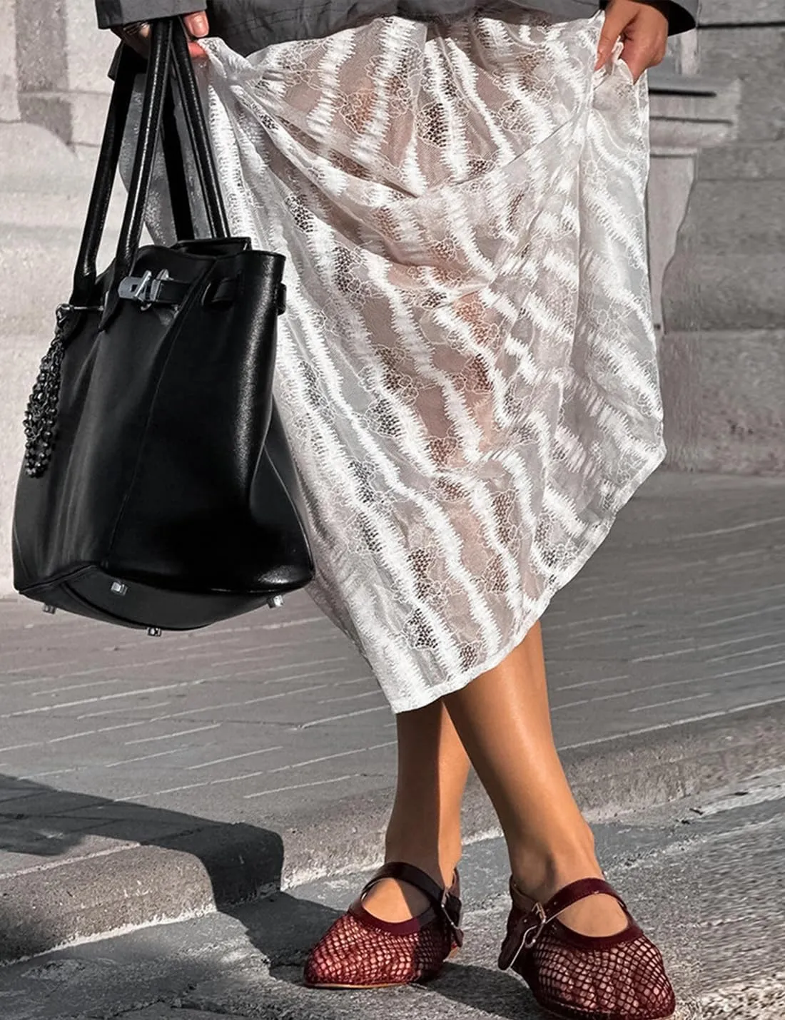 Women's Floral Lace Skirt See-Through Floral Maxi Mesh Tulle Skirt Sheer Flowy Lace Skirts