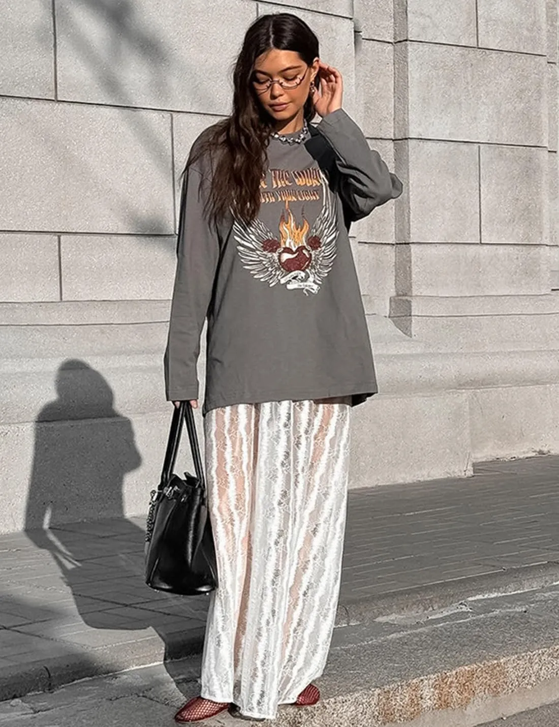 Women's Floral Lace Skirt See-Through Floral Maxi Mesh Tulle Skirt Sheer Flowy Lace Skirts