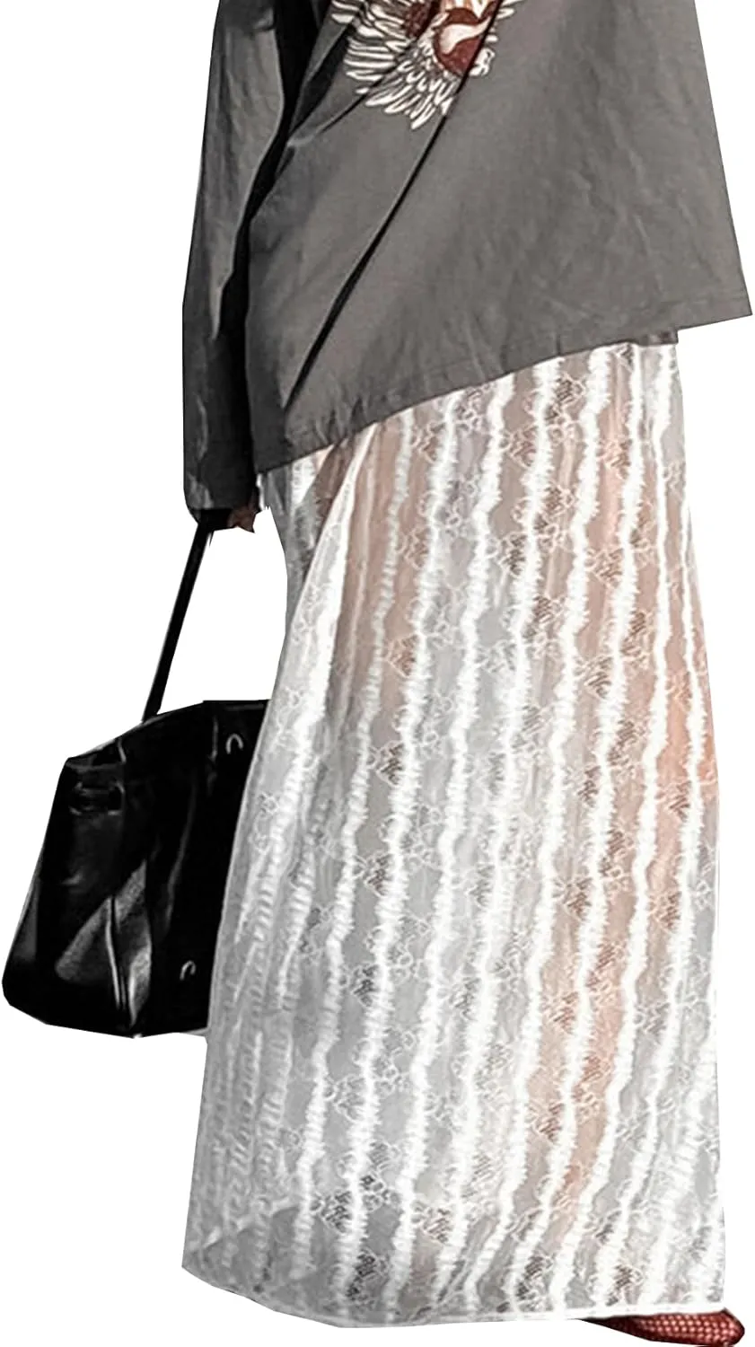 Women's Floral Lace Skirt See-Through Floral Maxi Mesh Tulle Skirt Sheer Flowy Lace Skirts
