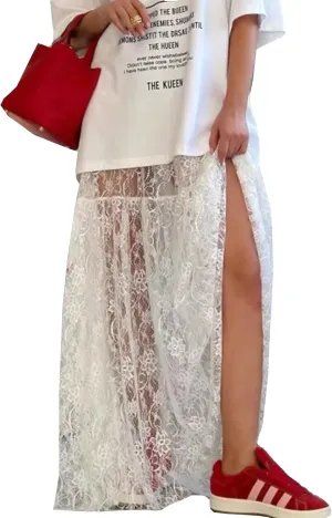 Women's Floral Lace Skirt See-Through Floral Maxi Mesh Tulle Skirt Sheer Flowy Lace Skirts