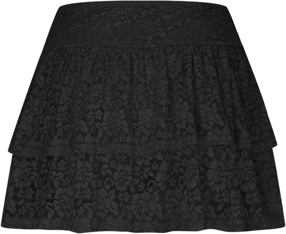 Women's Floral Lace Skirts Pleated Mini Skirt Sexy High Waisted Ruffles Lingerie Short Skirts Aesthetic Streetwear