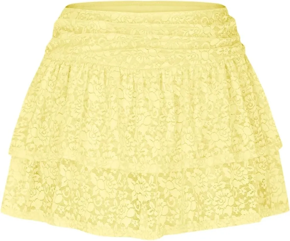 Women's Floral Lace Skirts Pleated Mini Skirt Sexy High Waisted Ruffles Lingerie Short Skirts Aesthetic Streetwear