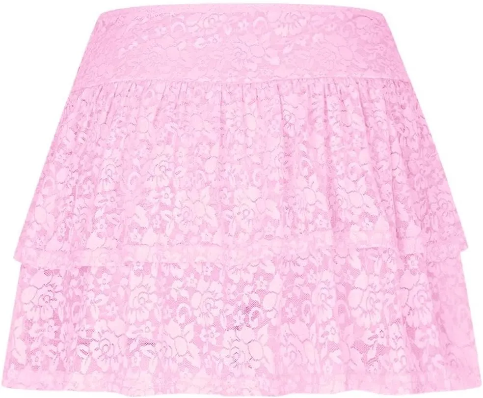 Women's Floral Lace Skirts Pleated Mini Skirt Sexy High Waisted Ruffles Lingerie Short Skirts Aesthetic Streetwear