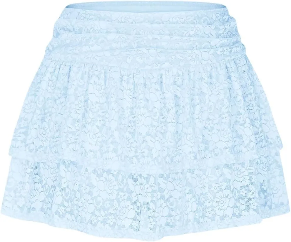 Women's Floral Lace Skirts Pleated Mini Skirt Sexy High Waisted Ruffles Lingerie Short Skirts Aesthetic Streetwear