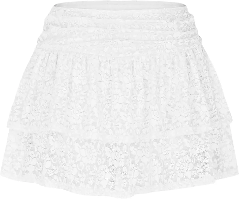 Women's Floral Lace Skirts Pleated Mini Skirt Sexy High Waisted Ruffles Lingerie Short Skirts Aesthetic Streetwear