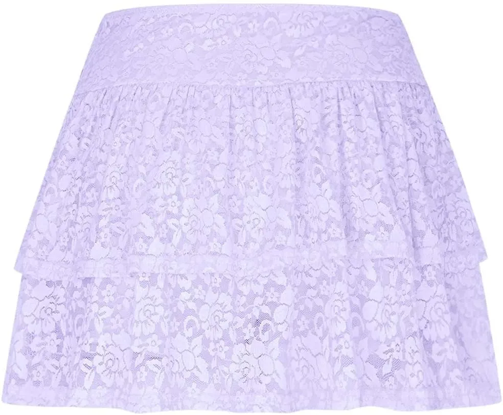 Women's Floral Lace Skirts Pleated Mini Skirt Sexy High Waisted Ruffles Lingerie Short Skirts Aesthetic Streetwear