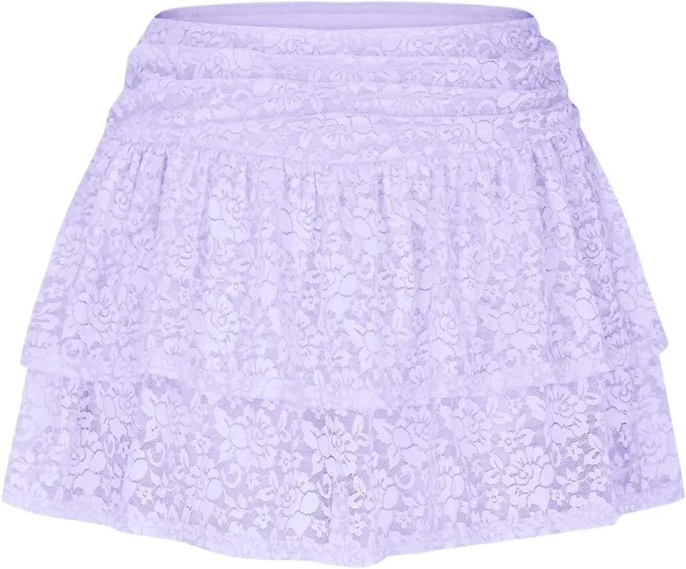 Women's Floral Lace Skirts Pleated Mini Skirt Sexy High Waisted Ruffles Lingerie Short Skirts Aesthetic Streetwear