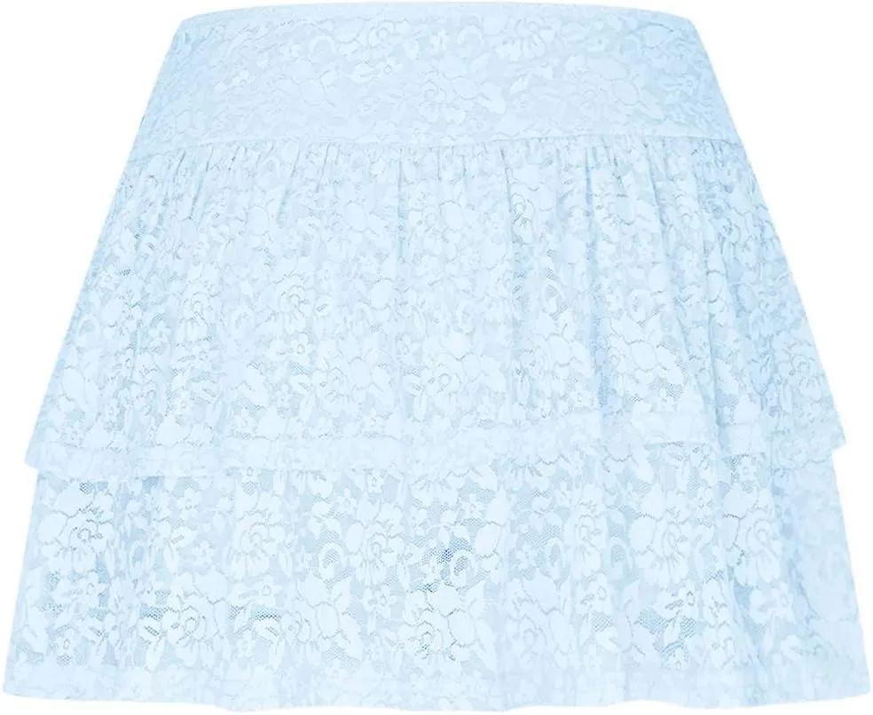Women's Floral Lace Skirts Pleated Mini Skirt Sexy High Waisted Ruffles Lingerie Short Skirts Aesthetic Streetwear
