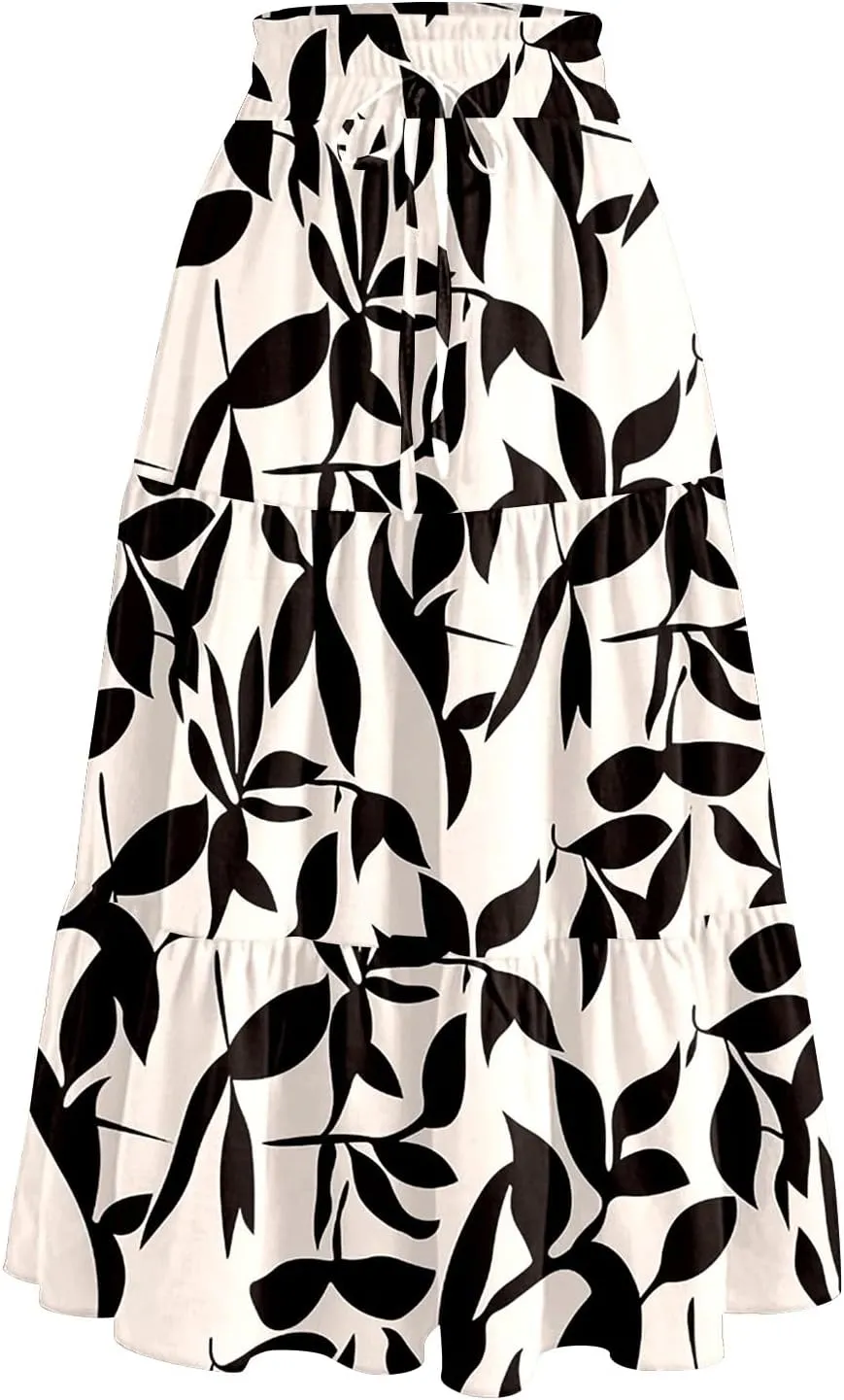 Women's Floral Midi Skirt with Pockets High Elastic Waist Flowy Ruffle Casual Summer Boho Aline Skirts