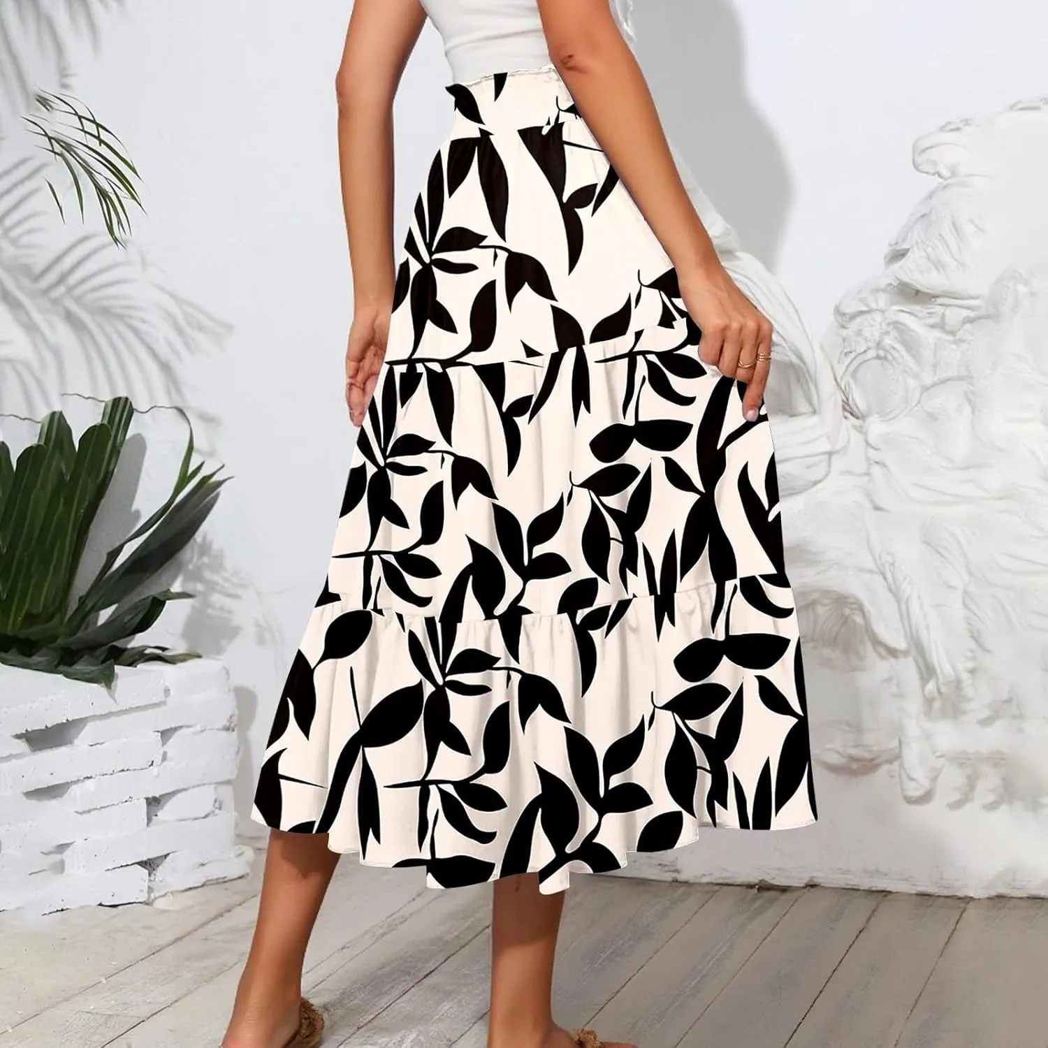 Women's Floral Midi Skirt with Pockets High Elastic Waist Flowy Ruffle Casual Summer Boho Aline Skirts
