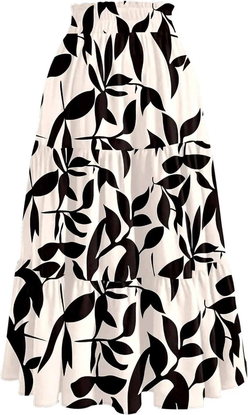 Women's Floral Midi Skirt with Pockets High Elastic Waist Flowy Ruffle Casual Summer Boho Aline Skirts