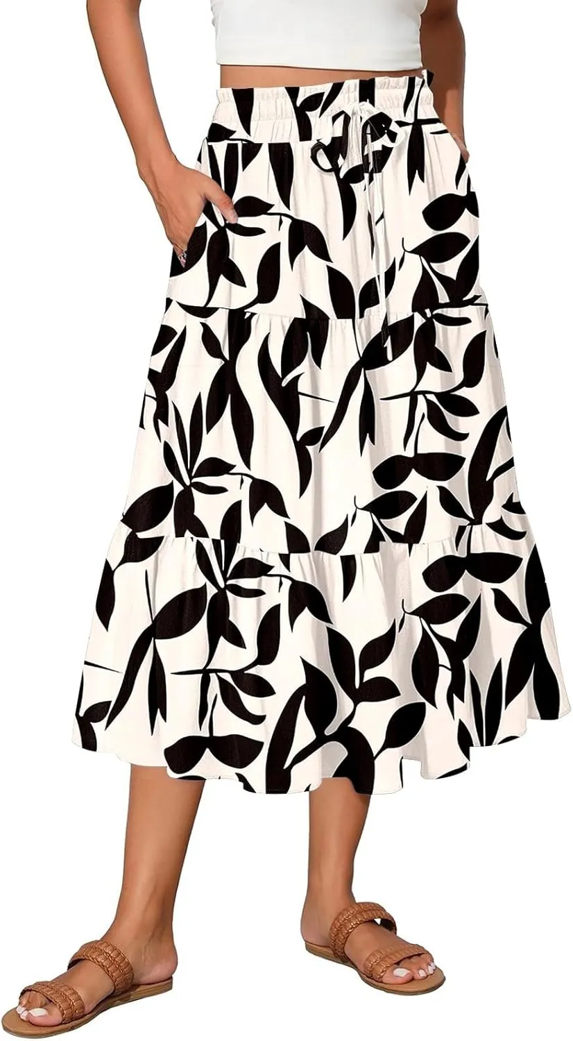 Women's Floral Midi Skirt with Pockets High Elastic Waist Flowy Ruffle Casual Summer Boho Aline Skirts
