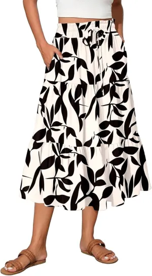Women's Floral Midi Skirt with Pockets High Elastic Waist Flowy Ruffle Casual Summer Boho Aline Skirts