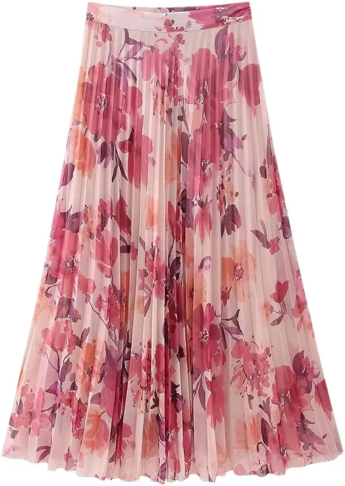 Women's Floral Pleated Maxi Skirt High Waist Midi Skirt Party Mesh Skirt