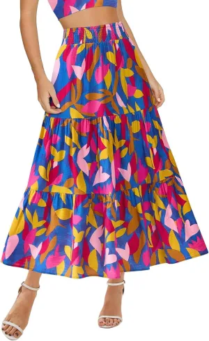 Women's Floral Print Midi Skirts 2025 Summer Aline Elastic High Waist Pleated Flowy Long Skirt Pockets Cute Skirts