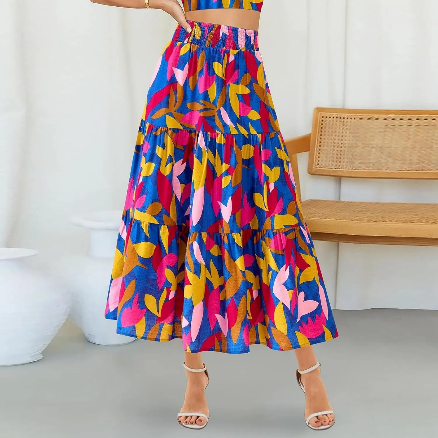 Women's Floral Print Midi Skirts 2025 Summer Aline Elastic High Waist Pleated Flowy Long Skirt Pockets Cute Skirts