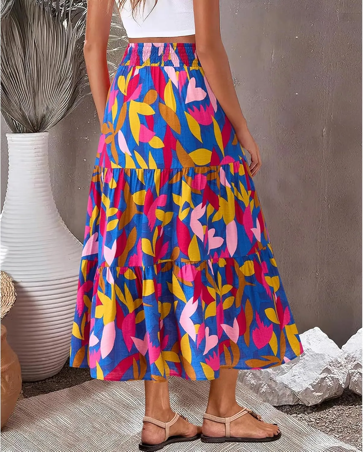 Women's Floral Print Midi Skirts 2025 Summer Aline Elastic High Waist Pleated Flowy Long Skirt Pockets Cute Skirts