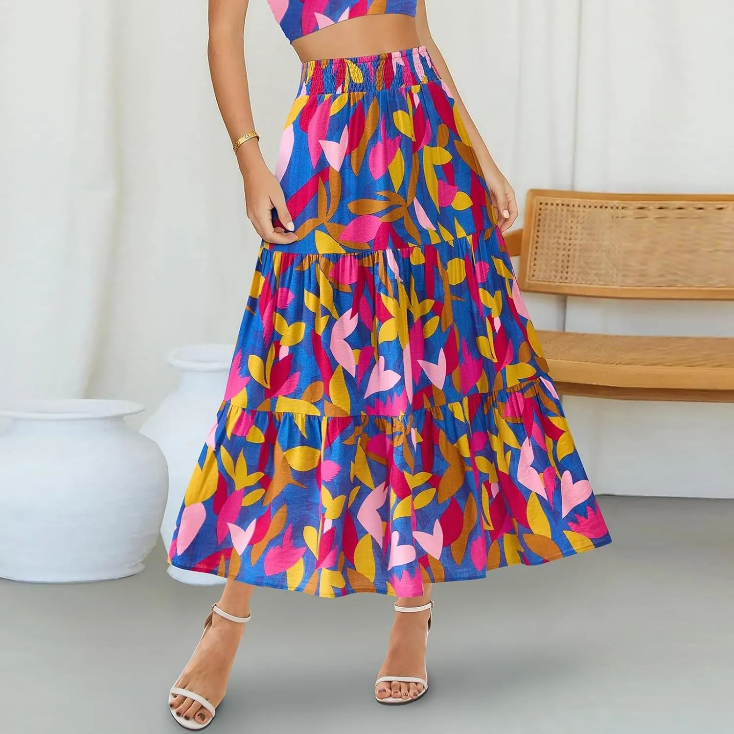 Women's Floral Print Midi Skirts 2025 Summer Aline Elastic High Waist Pleated Flowy Long Skirt Pockets Cute Skirts